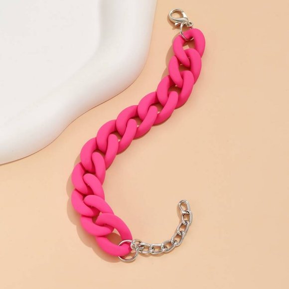 Hot Pink Matte Plastic Chain link bracelet neon summer gift - Picture 1 of 1